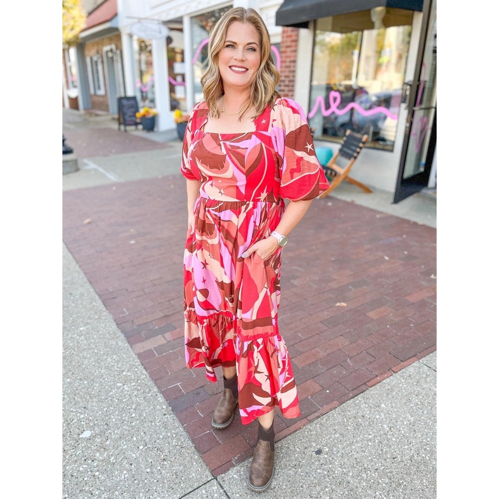 Oddi multicolored midi dress square neck smocked bodice balloon Sleeve women 3XL